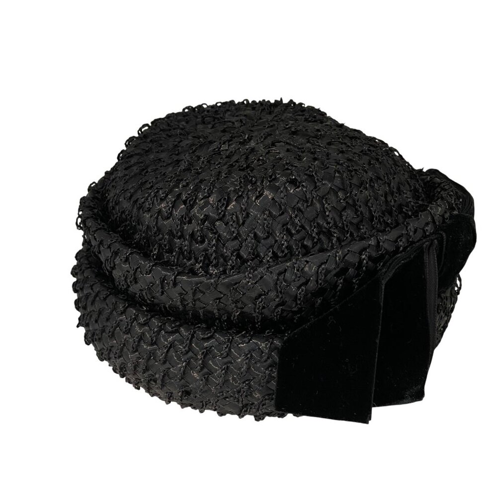 Vintage Piko Montreal New York Black Woven Straw Hat With Velvet Bow Accent Wome